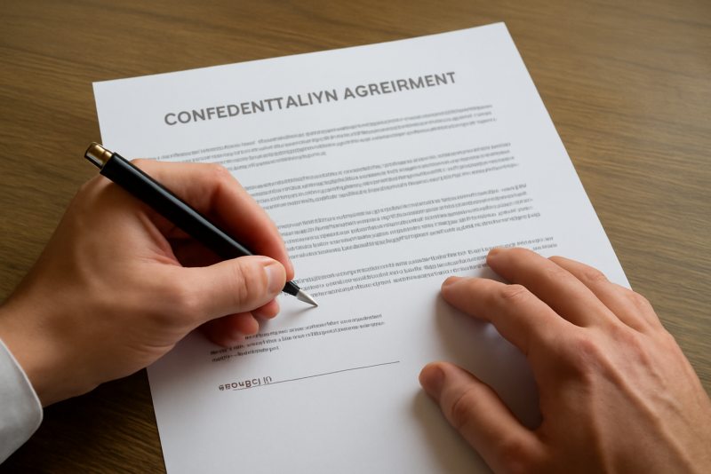 mains signant contrat confidentiel sur table