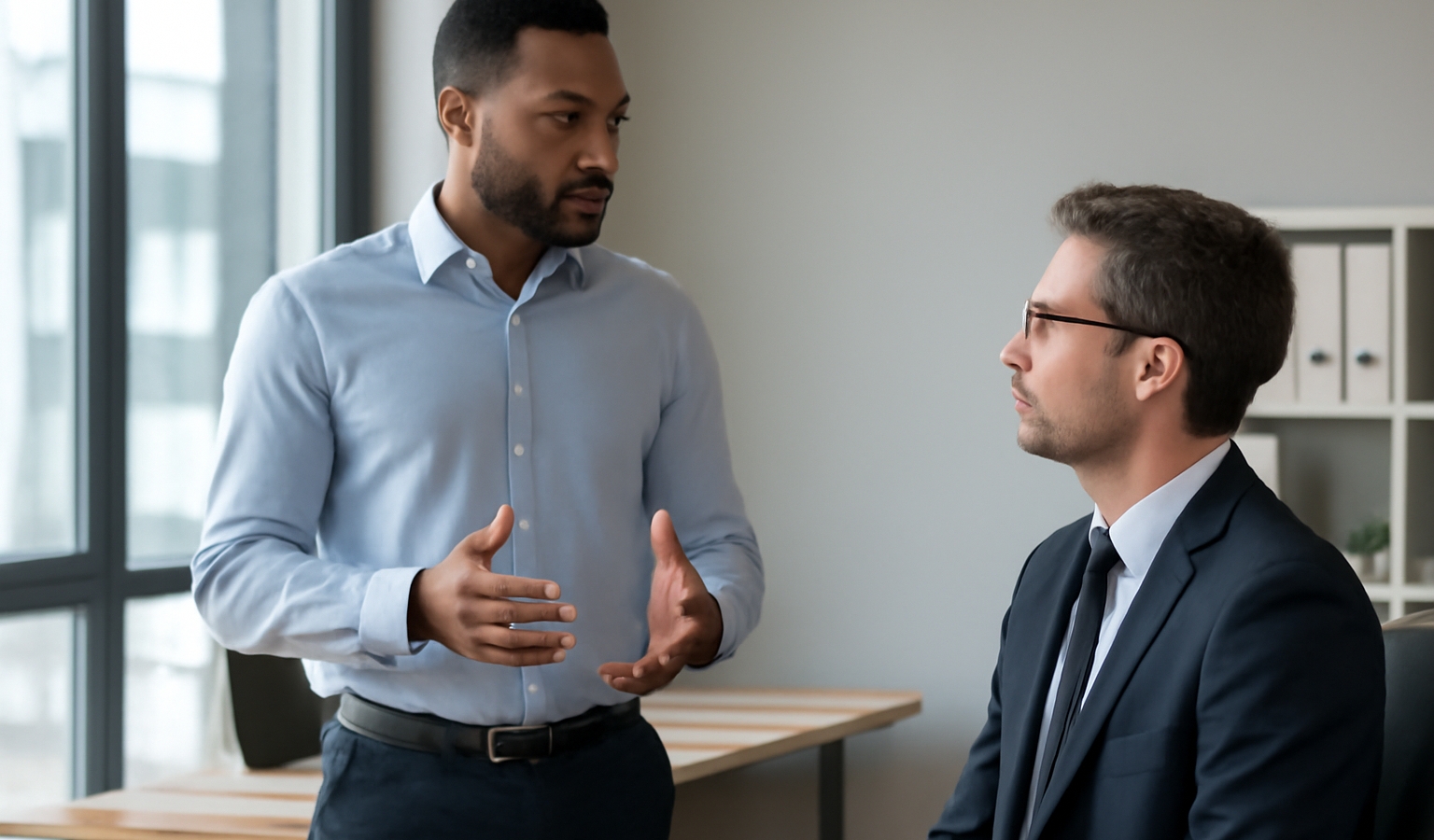 manager discutant avec un collaborateur debout