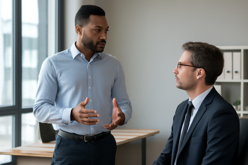 manager discutant avec un collaborateur debout