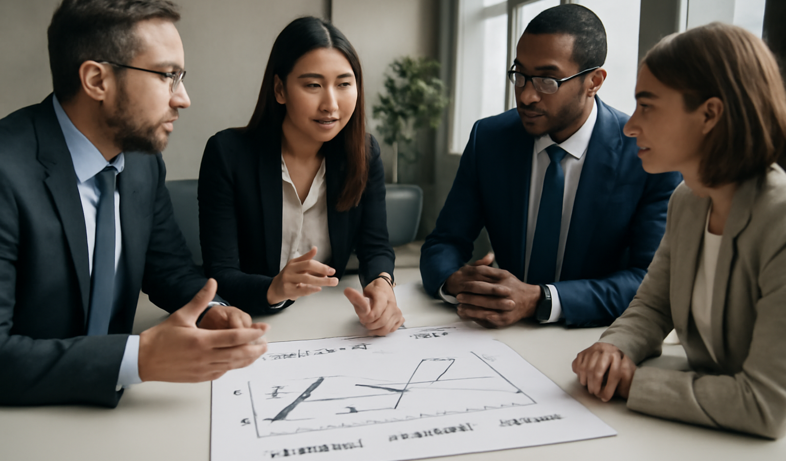 consultants debattant autour d'un graphique stratégique