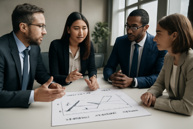 consultants debattant autour d'un graphique stratégique