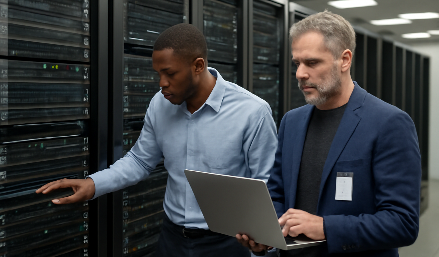serveurs informatiques et ingénieur vérifiant sécurité