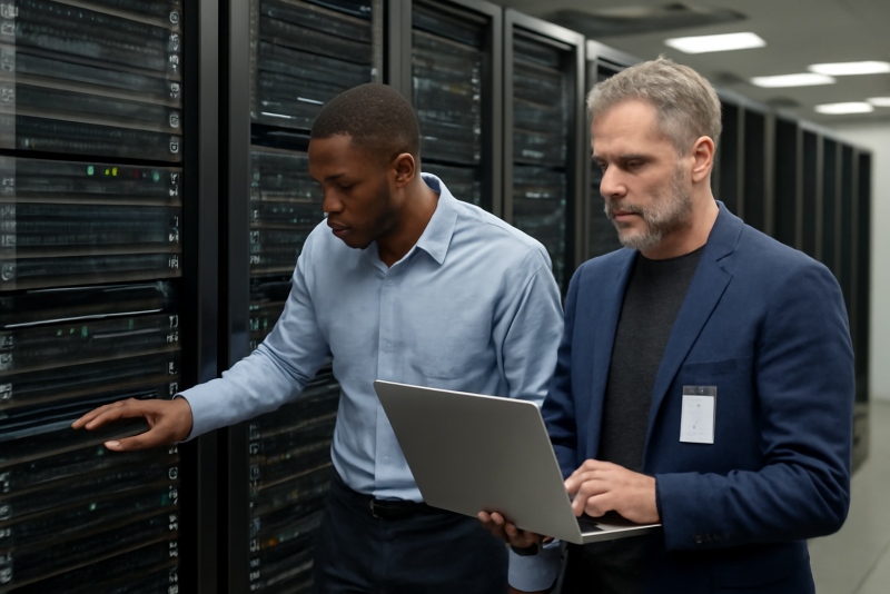 serveurs informatiques et ingénieur vérifiant sécurité