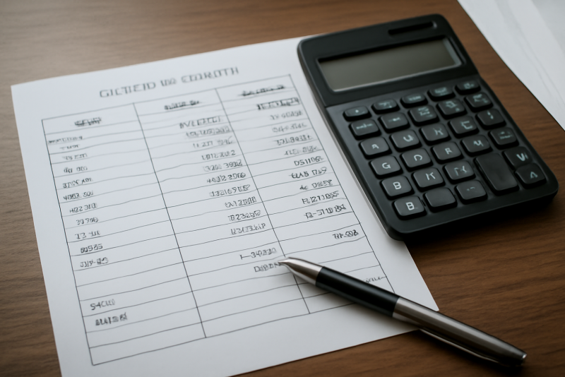 tableau de comptes et calculatrice sur bureau