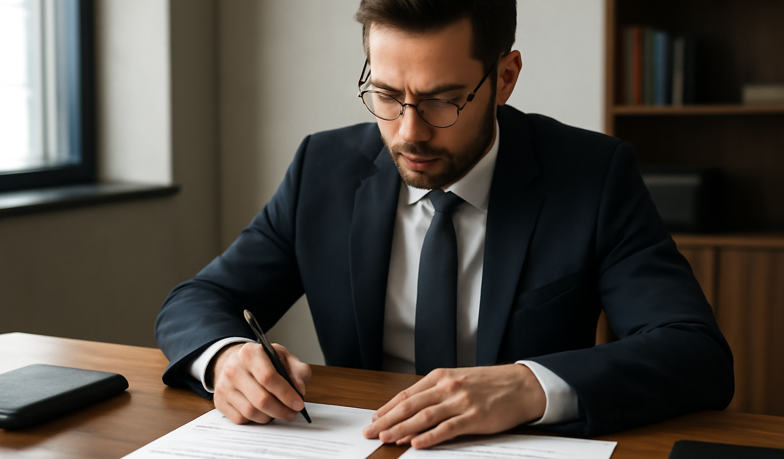 entrepreneur signant documents juridiques à son bureau