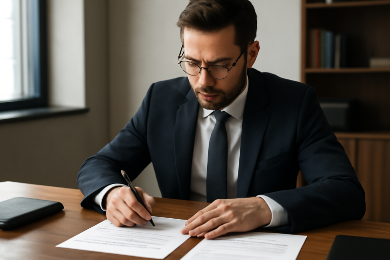 entrepreneur signant documents juridiques à son bureau
