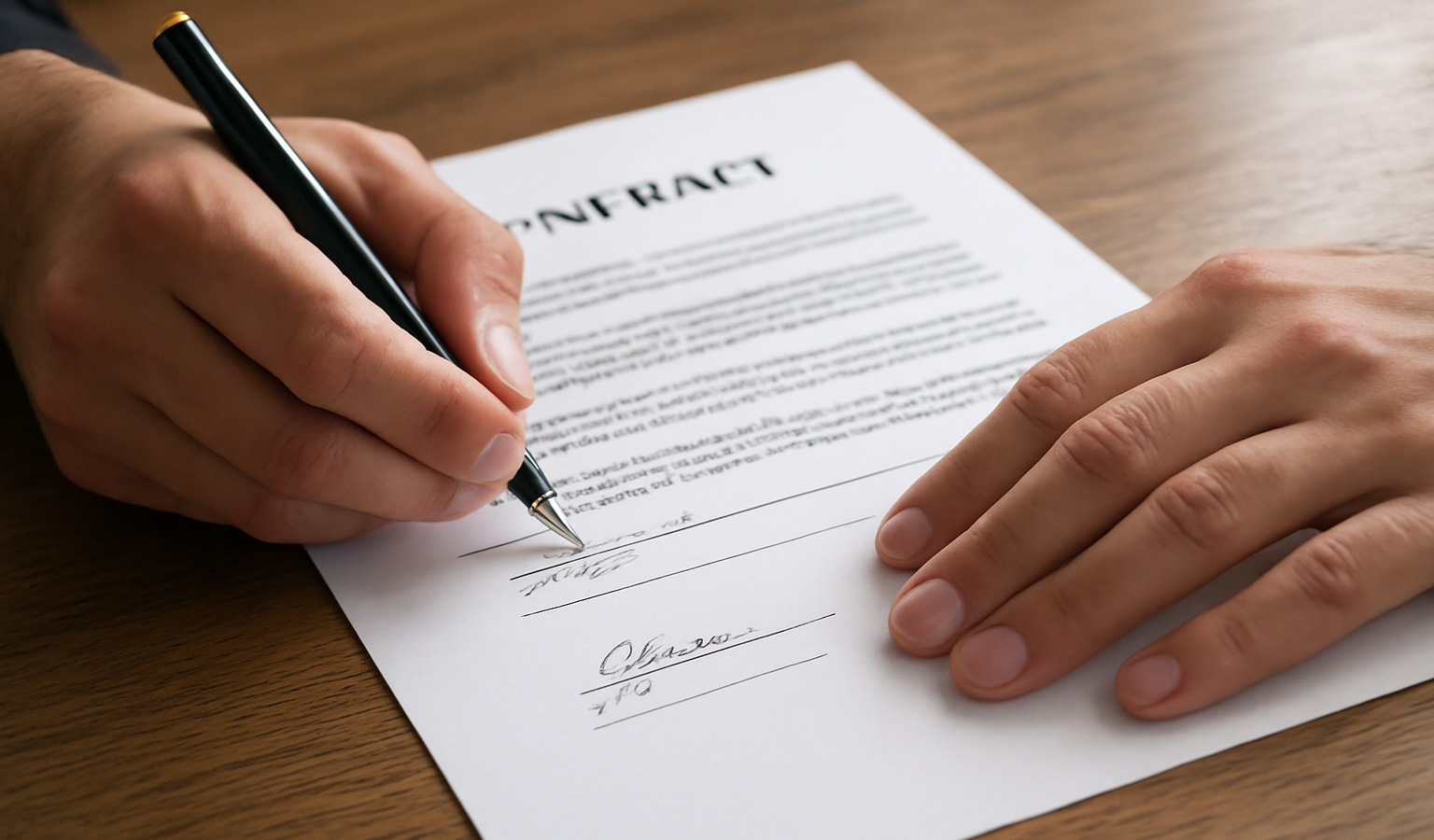 mains signant un contrat sur table