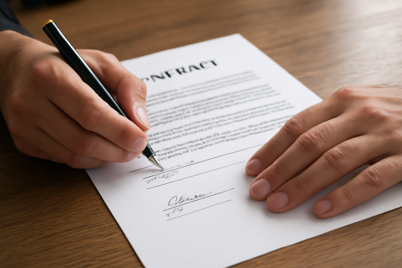 mains signant un contrat sur table