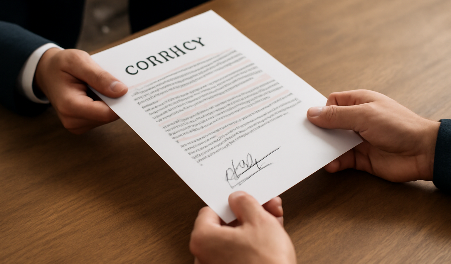 mains échangeant un contrat signé sur table