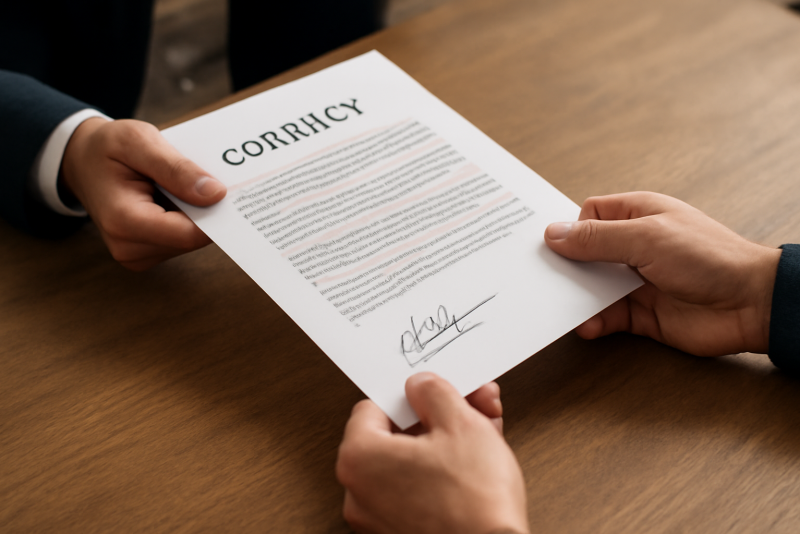 mains échangeant un contrat signé sur table