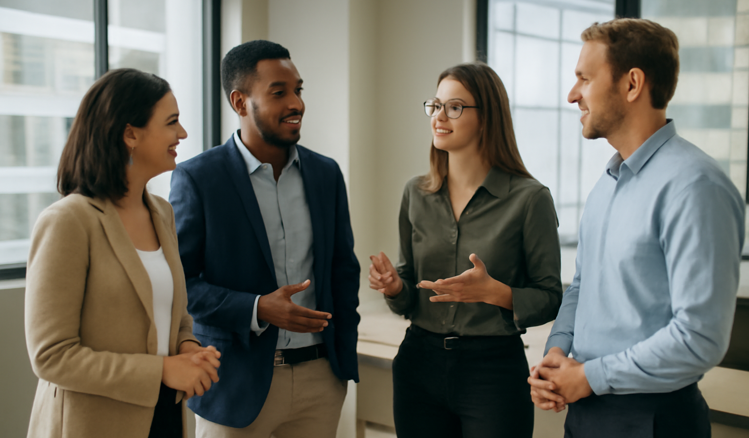 collaborateurs debout discutant dans une salle