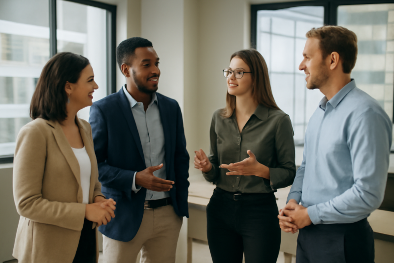 collaborateurs debout discutant dans une salle