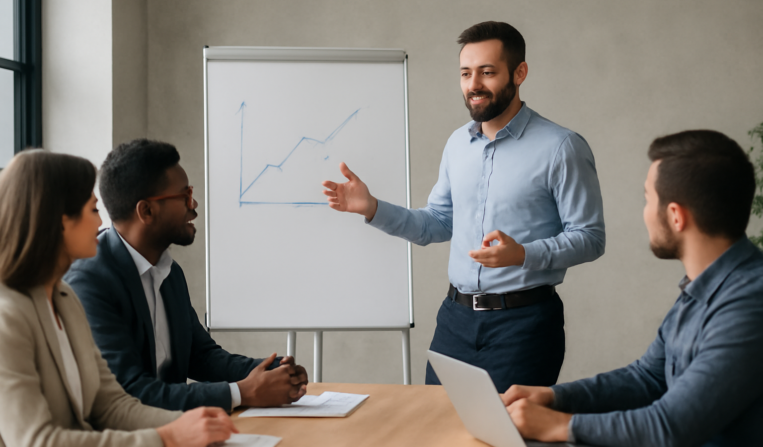 manager guidant une équipe autour d'un tableau