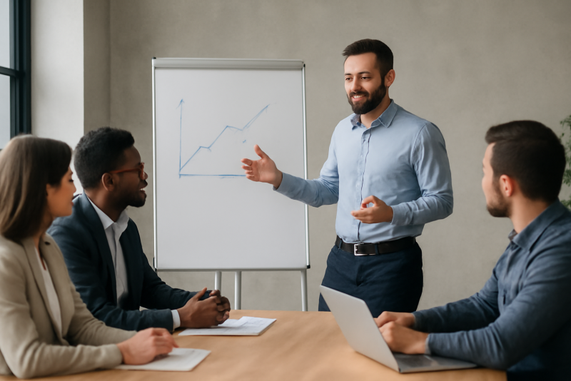 manager guidant une équipe autour d'un tableau