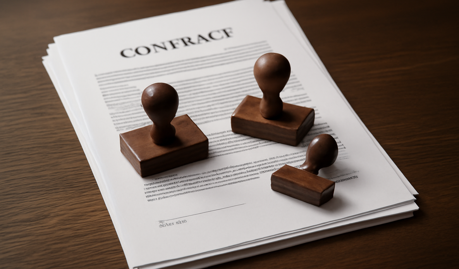 pile de contrats et tampons juridiques sur table