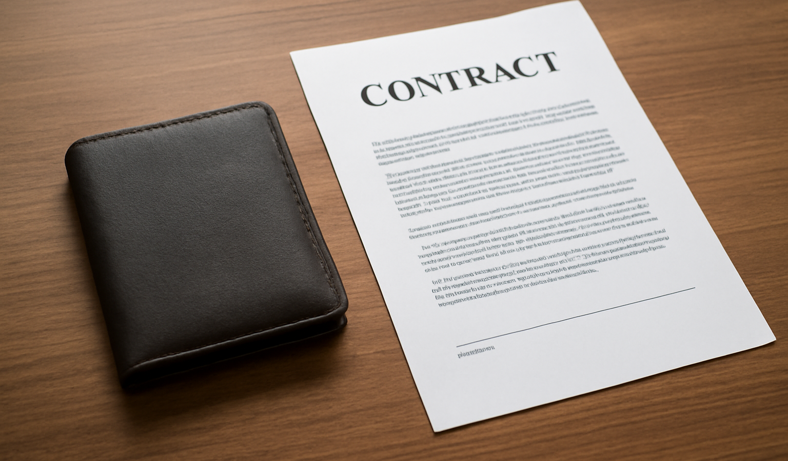 portefeuille et contrat posé sur un bureau