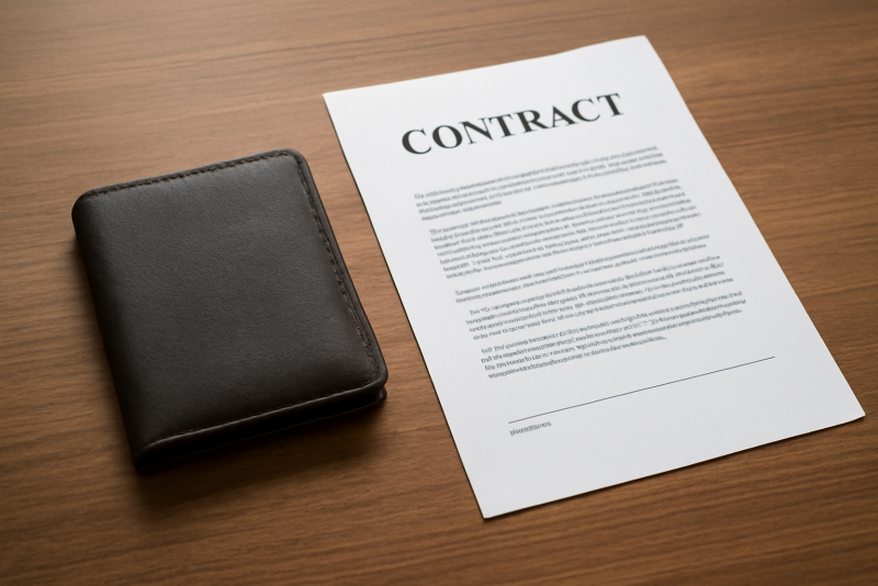 portefeuille et contrat posé sur un bureau