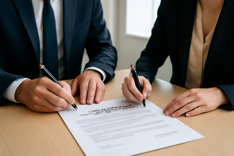 deux personnes signant un contrat de partenariat