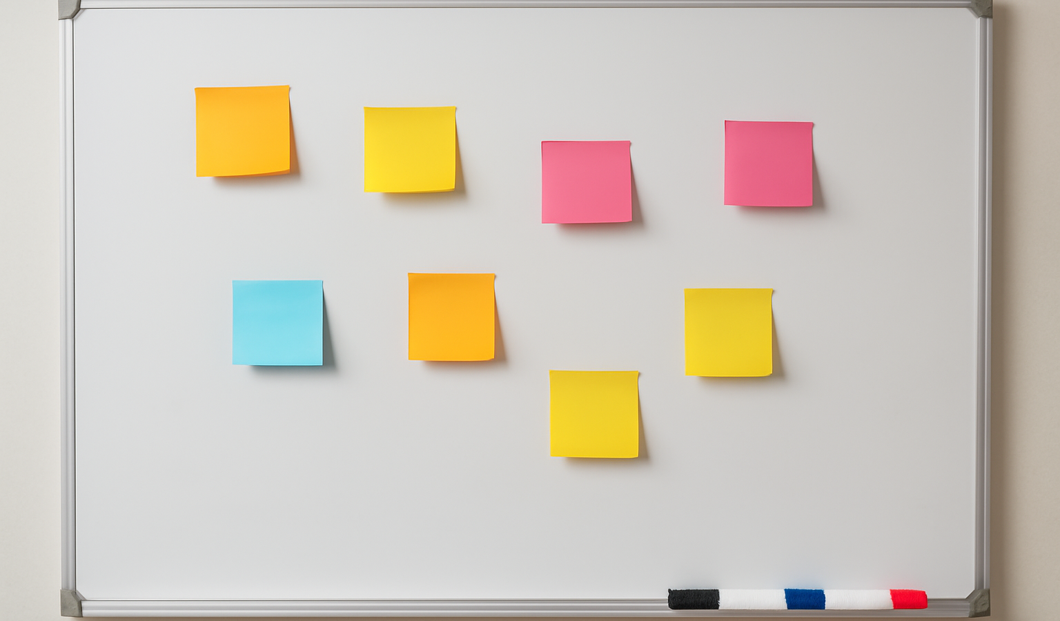 tableau blanc avec post-its et marqueurs
