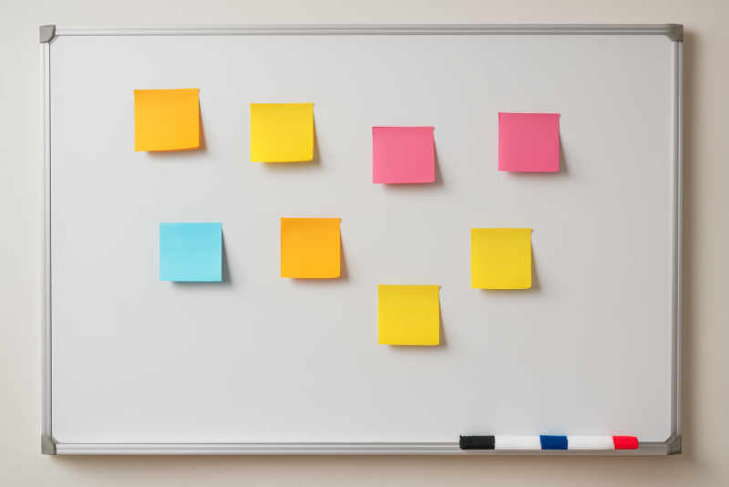 tableau blanc avec post-its et marqueurs