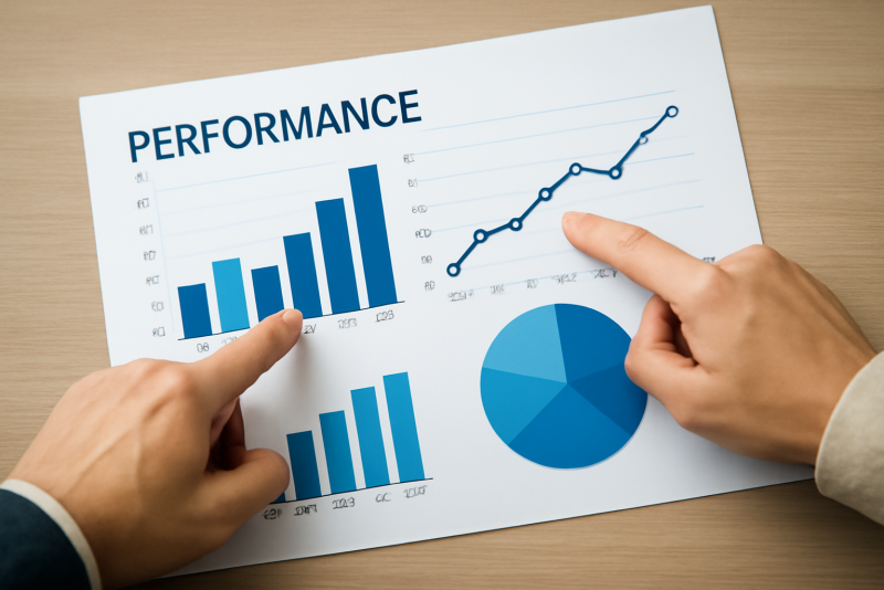 diagramme de performance et mains pointant indicateurs