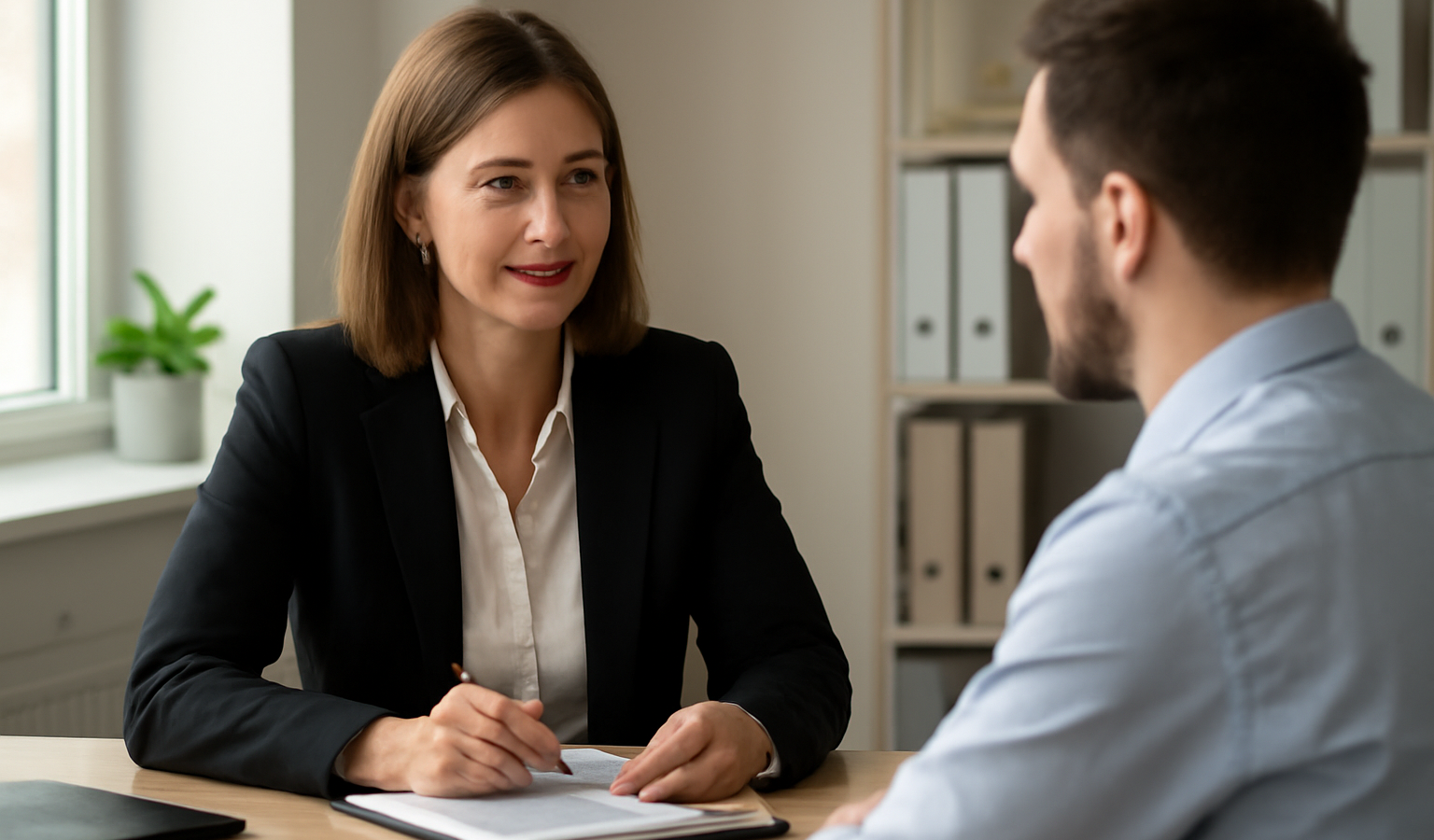 responsable RH conversant avec candidat assis