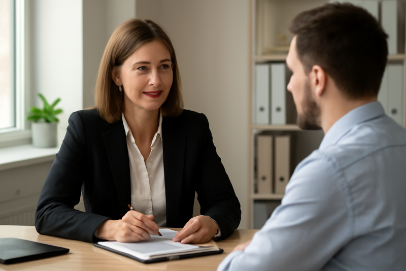responsable RH conversant avec candidat assis