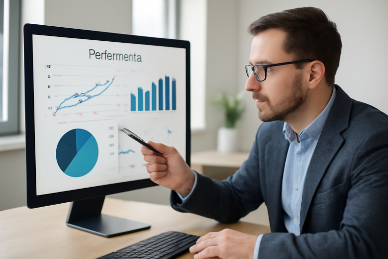 collaborateur consultant graphiques de performance sur ecran