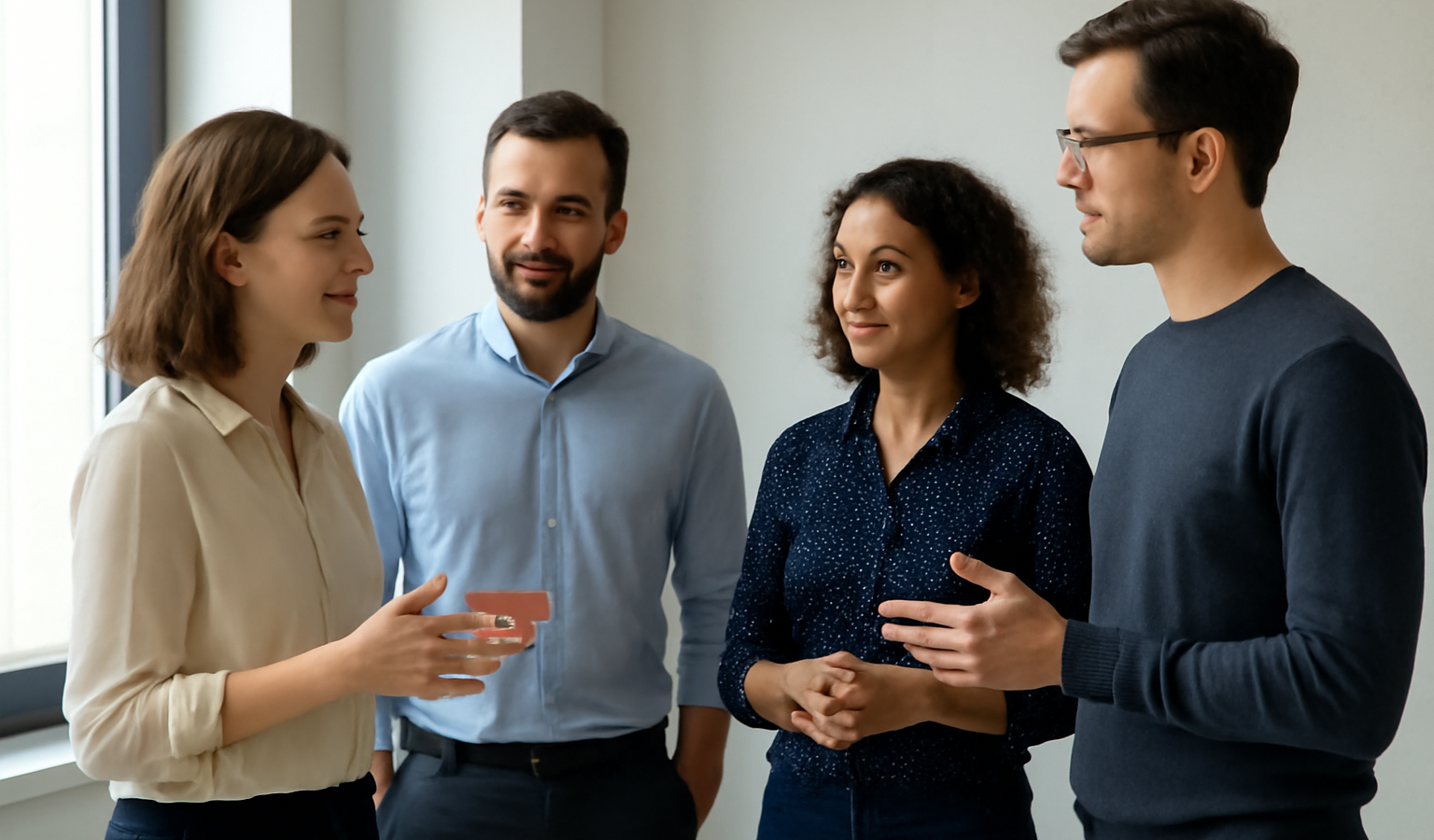 groupe debout discutant rôles sans hiérarchie