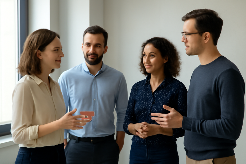 groupe debout discutant rôles sans hiérarchie