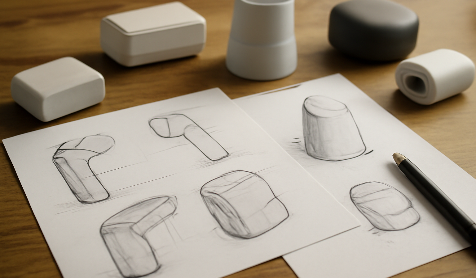 esquisses de produits et prototypes sur table