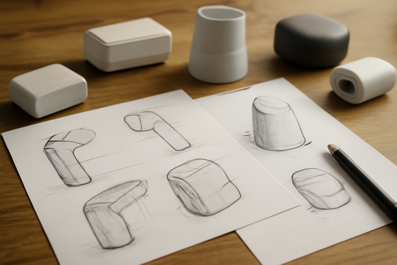 esquisses de produits et prototypes sur table