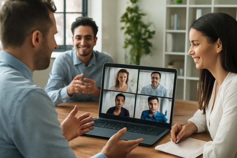 collaborateurs en visioconférence partageant idées