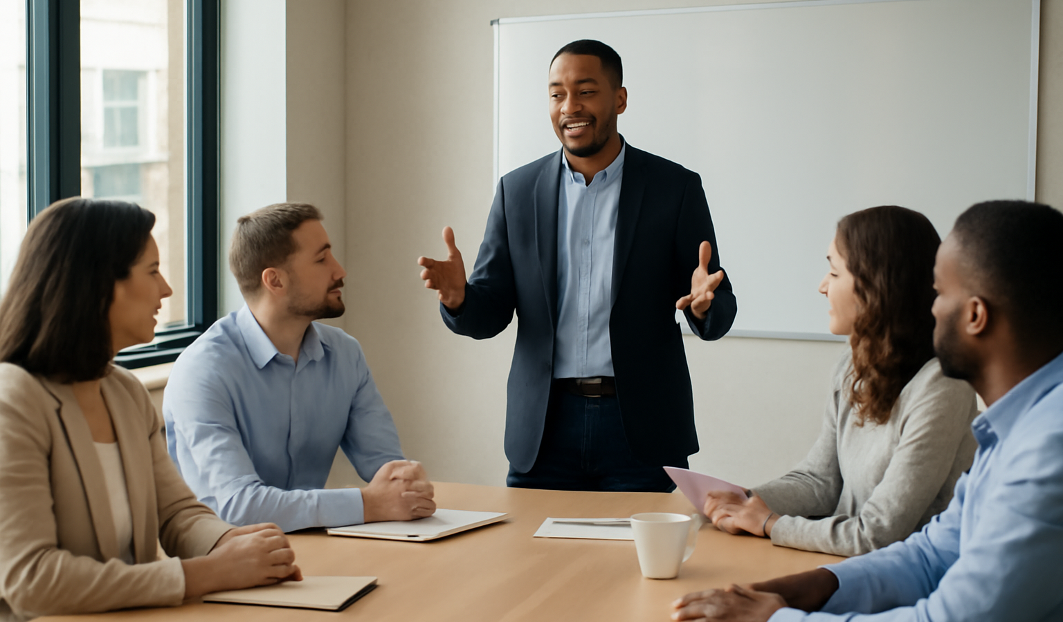 manager animant réunion avec collaborateurs assis