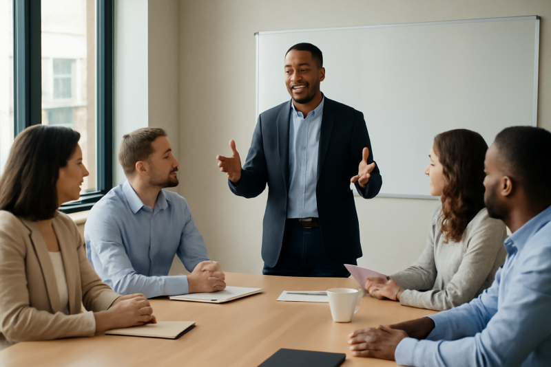 manager animant réunion avec collaborateurs assis