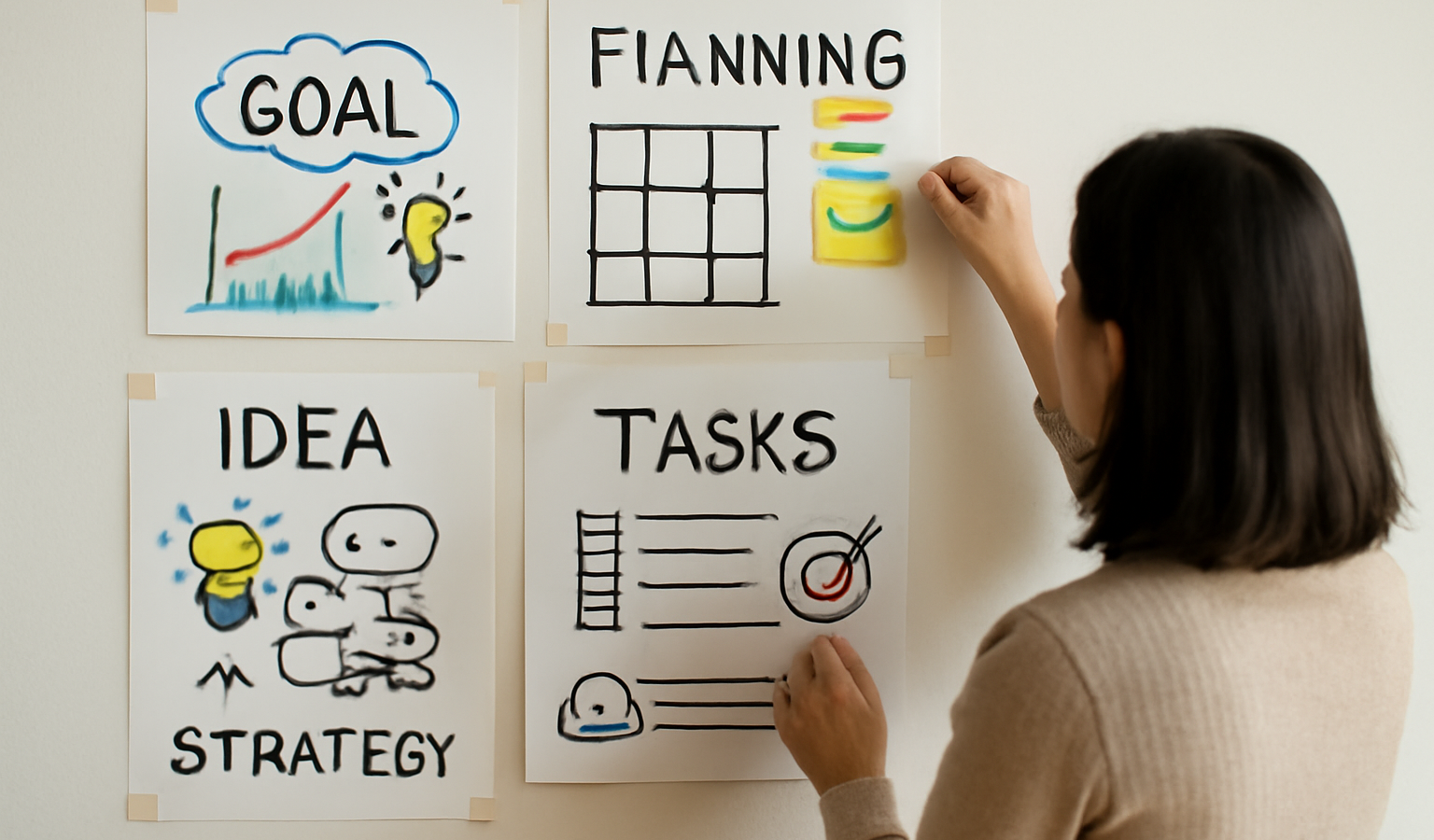 personne organisant notes visuelles sur un mur