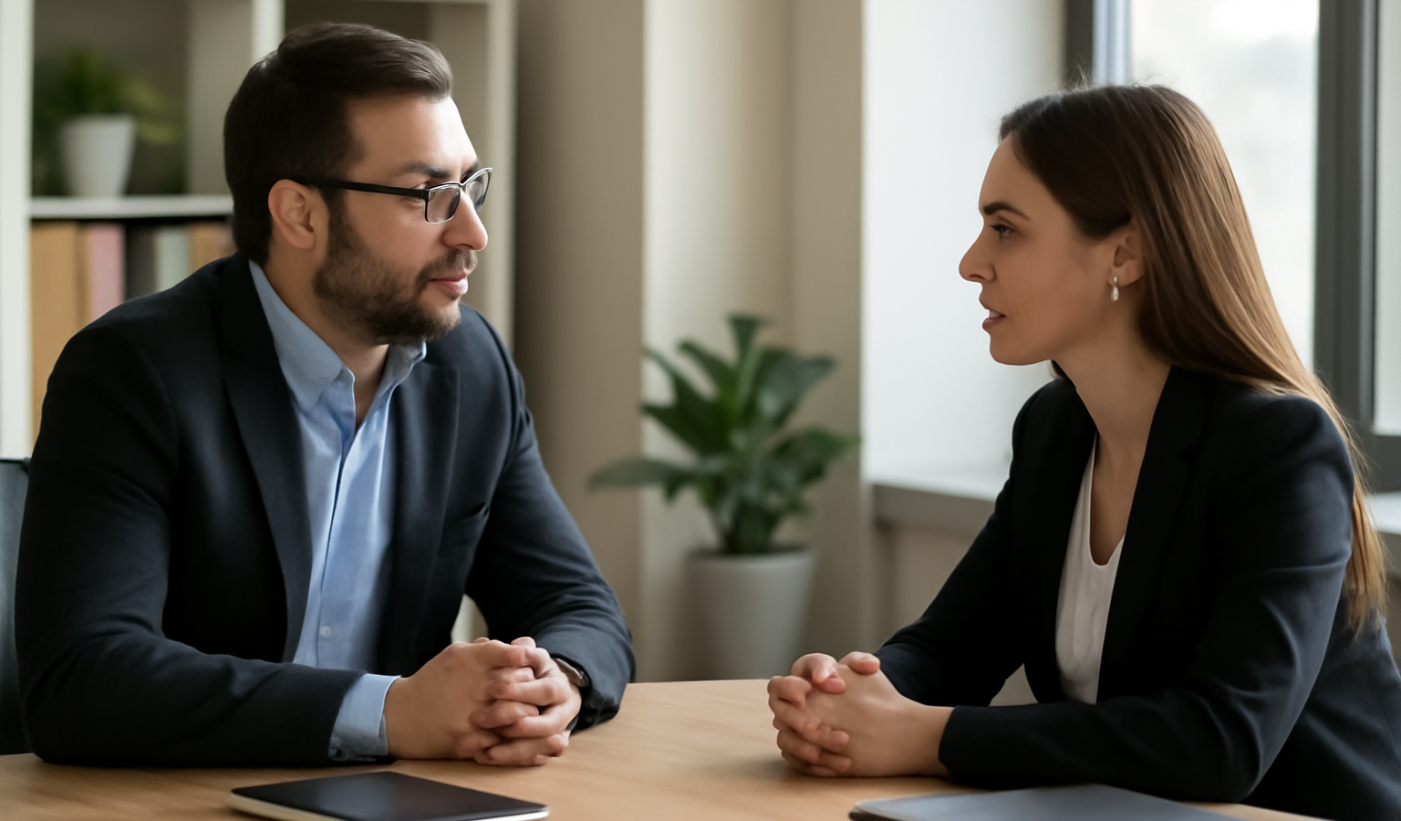 deux cadres conversant face a face en bureau