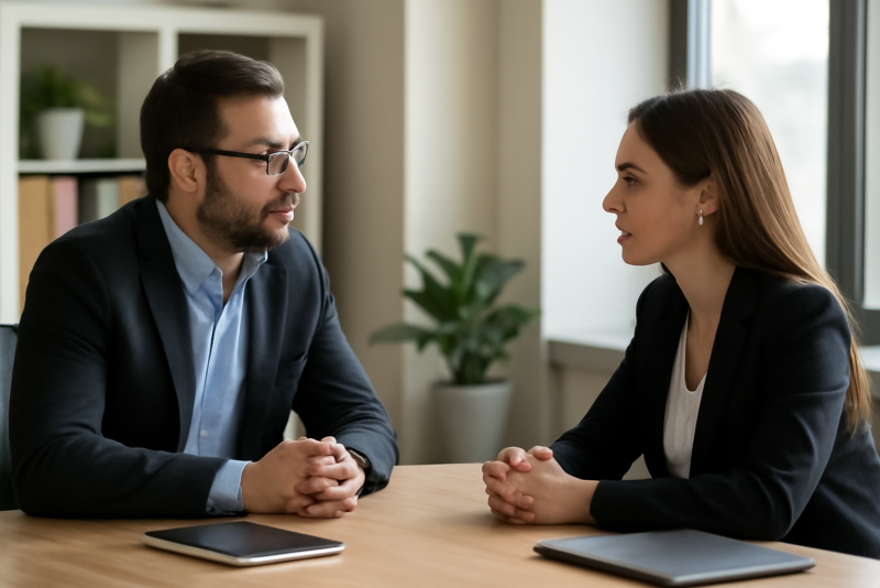 deux cadres conversant face a face en bureau