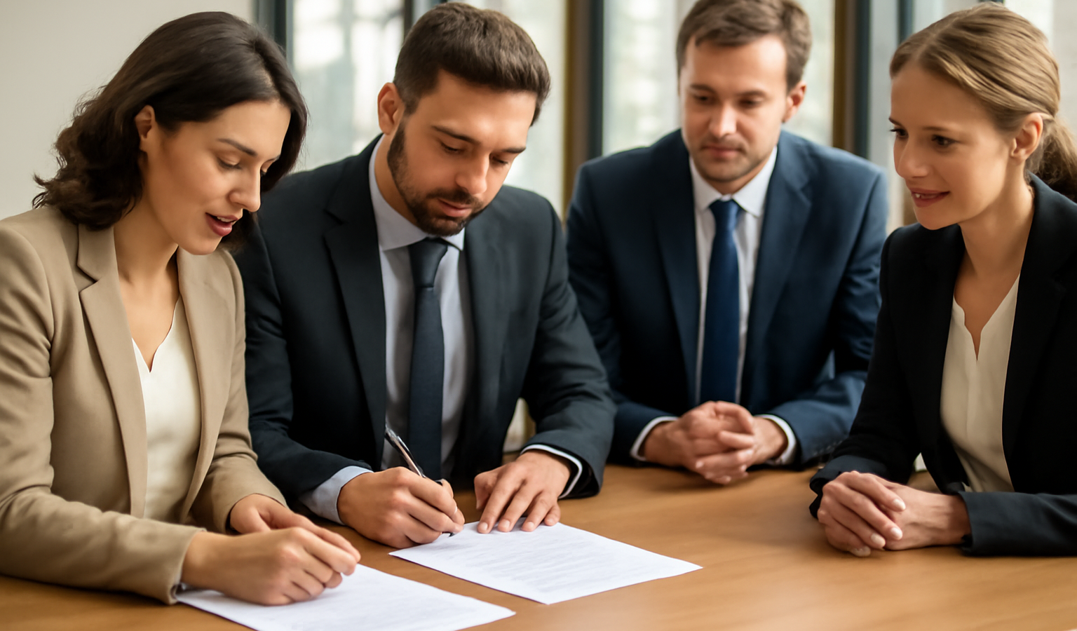 associés signant des documents autour d'une table