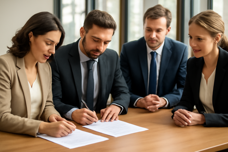 associés signant des documents autour d'une table