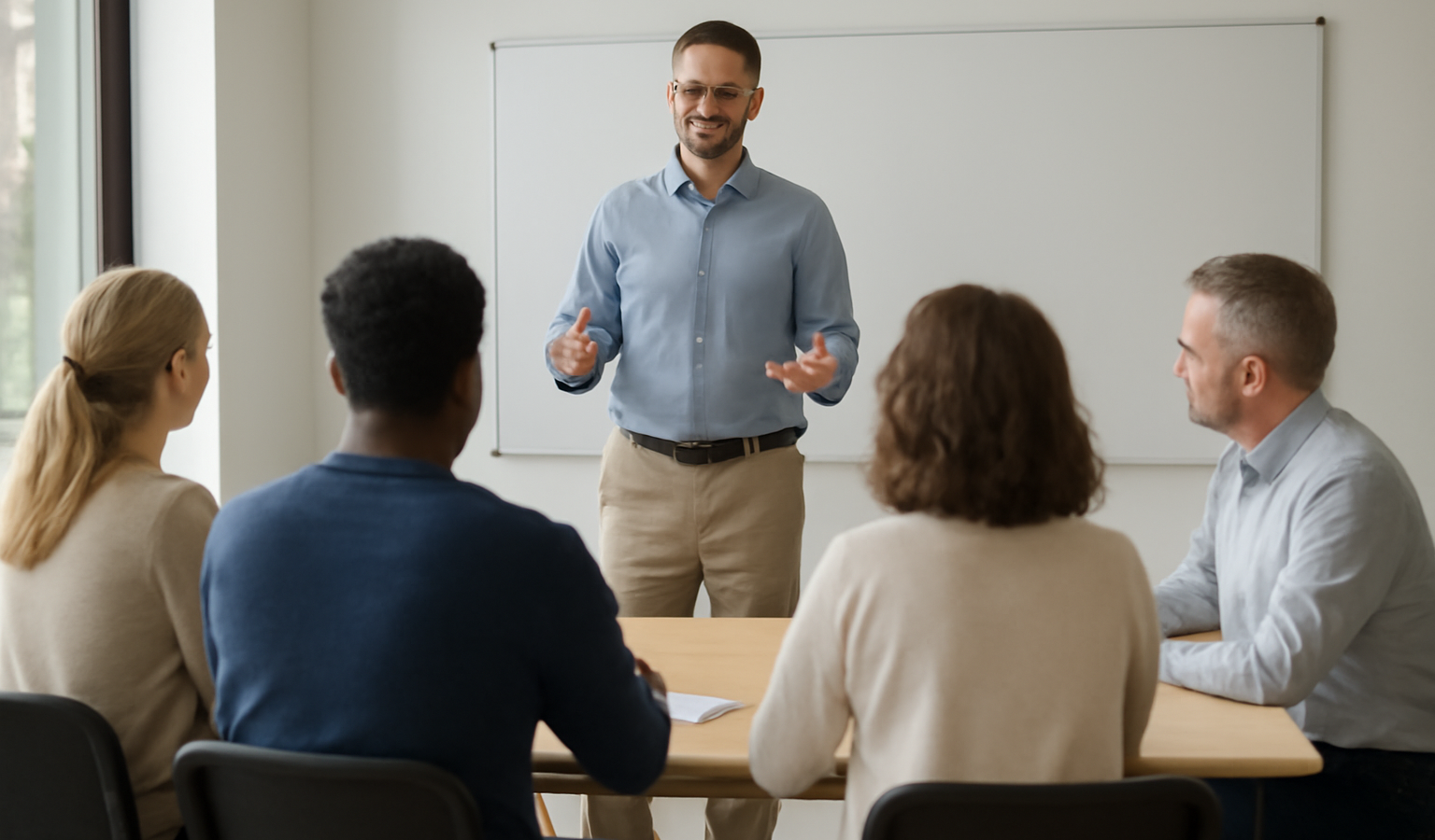 formateur animant atelier avec participants assis