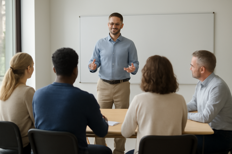 formateur animant atelier avec participants assis