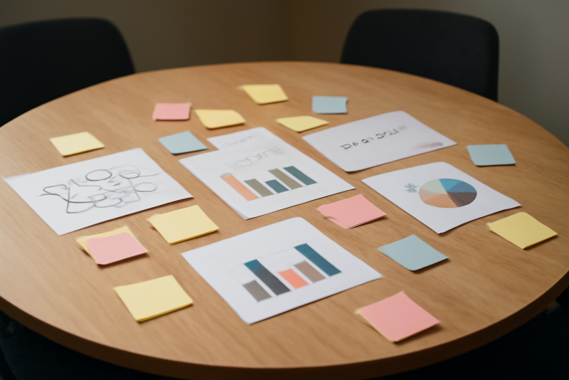 table ronde avec post-its et diagrammes