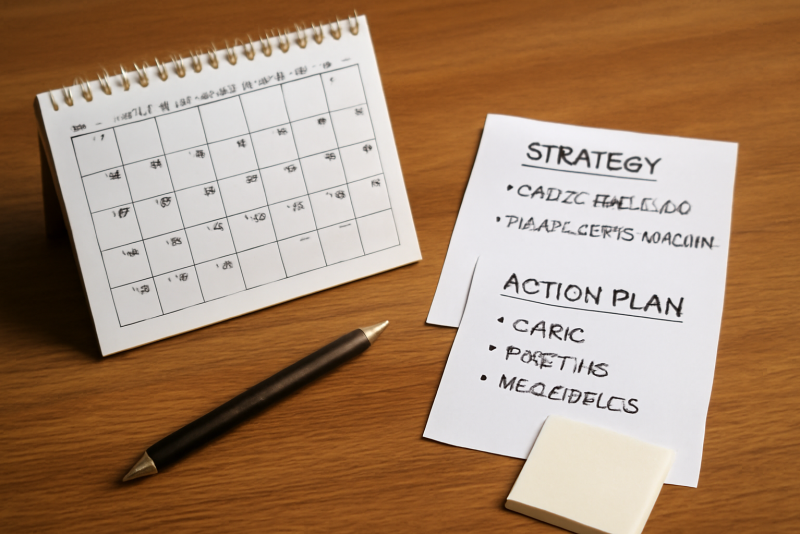 calendrier et notes strategiques sur un bureau