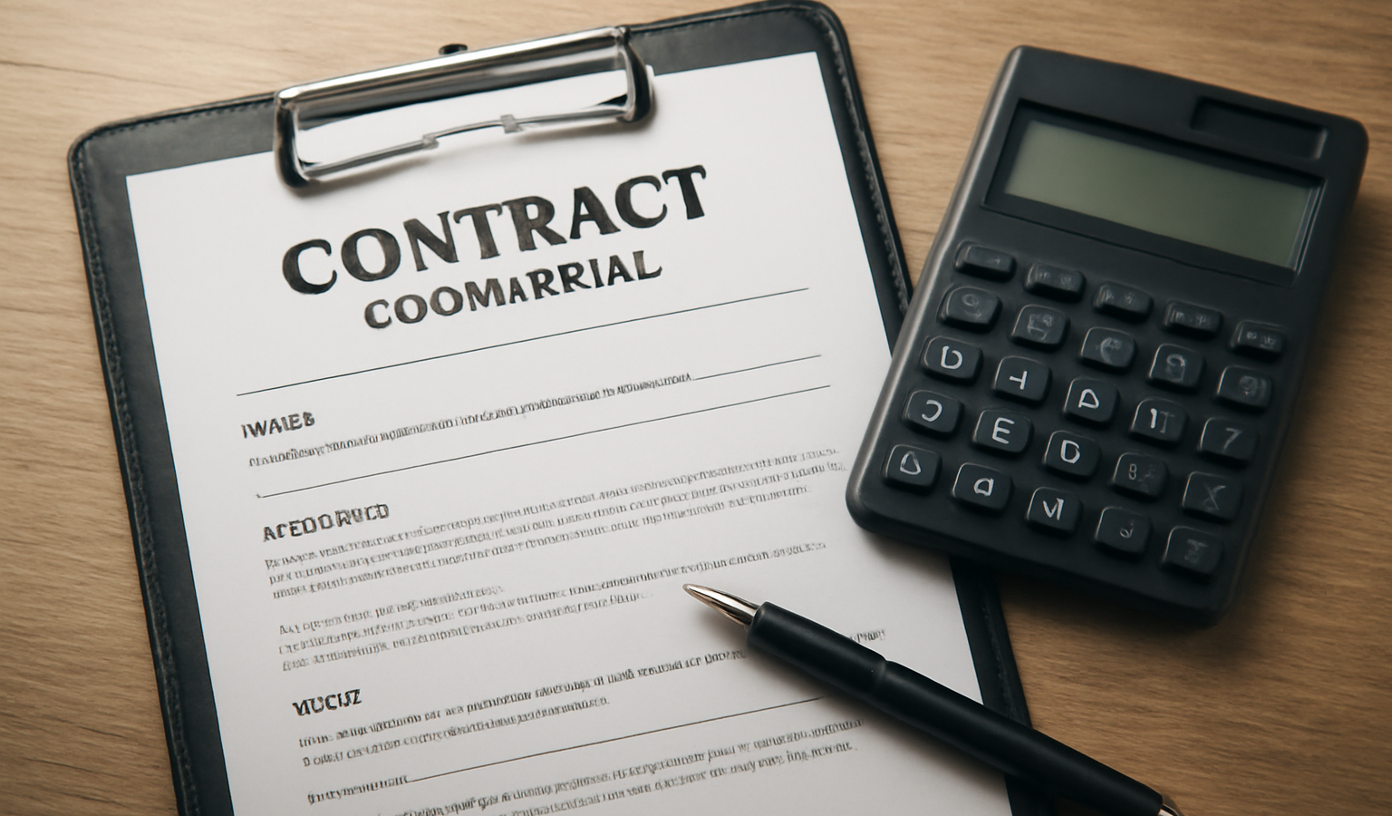 contrat commercial avec parapheur et calculatrice
