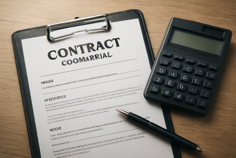 contrat commercial avec parapheur et calculatrice