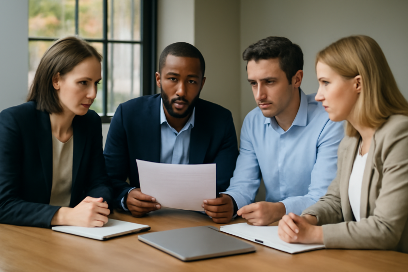 equipe discutant dossier de financement en reunion