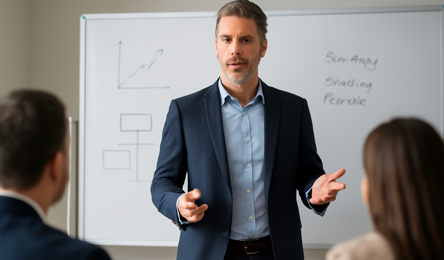 dirigeant consultant devant tableau blanc en réunion