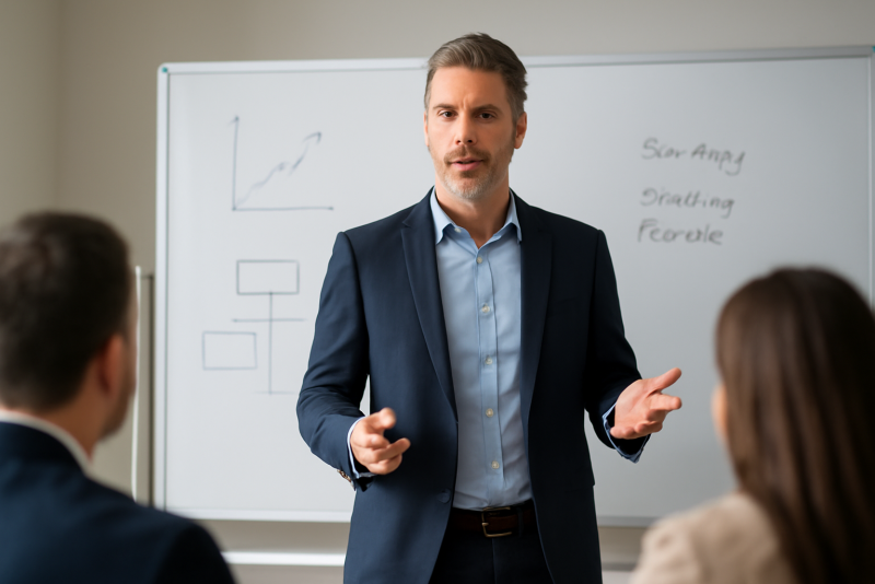 dirigeant consultant devant tableau blanc en réunion