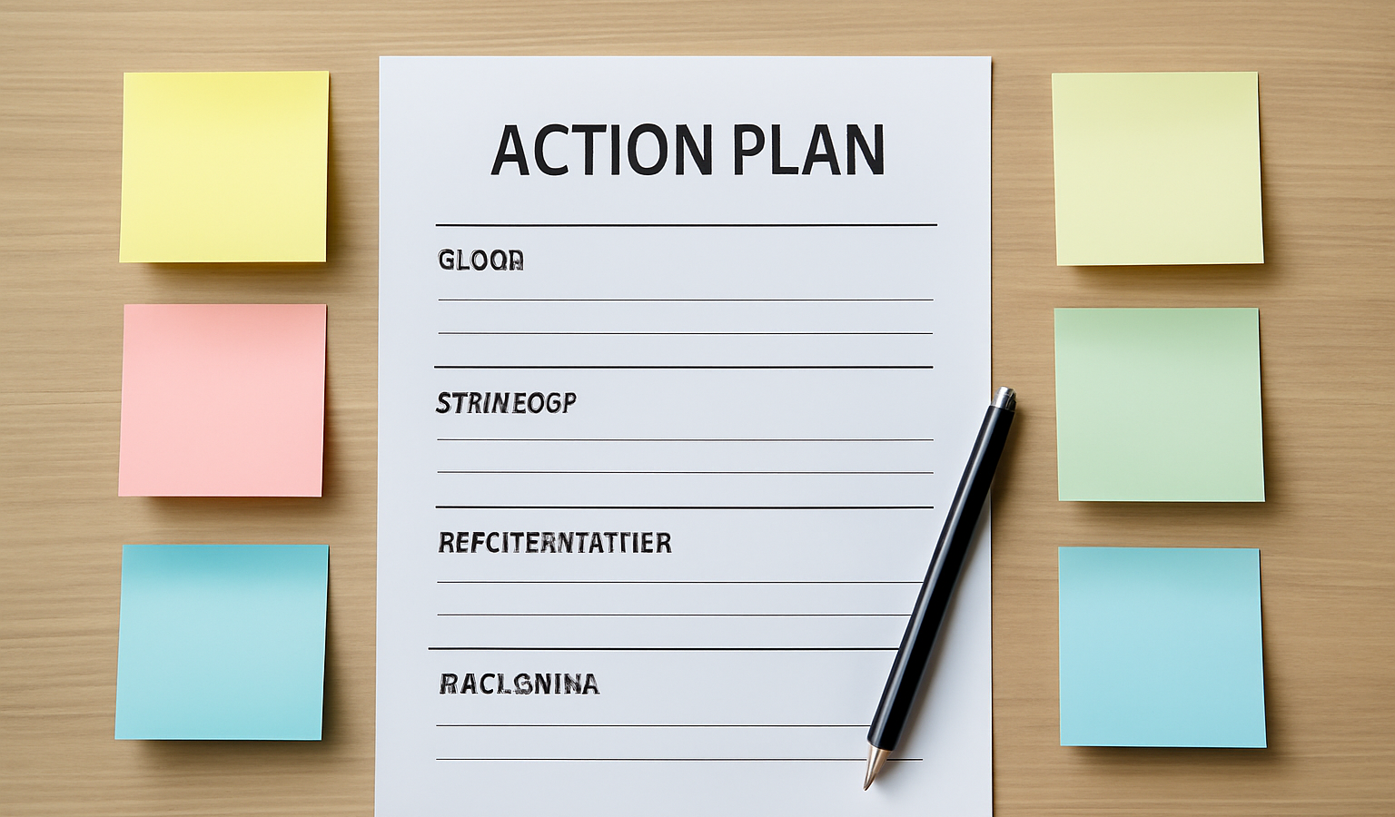 plan d'action et post-it disposes sur table